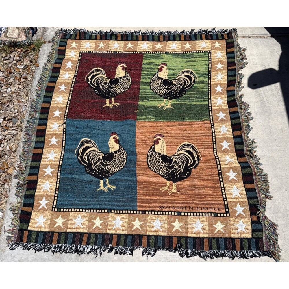 Vintage Warren Kimble Rooster Chicken Block Tapestry Throw Blanket Fringe 50x60"